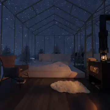 Gemütliches Gewächshaus mit Bett und Kamin vor einem nächtlichen Sternenhimmel