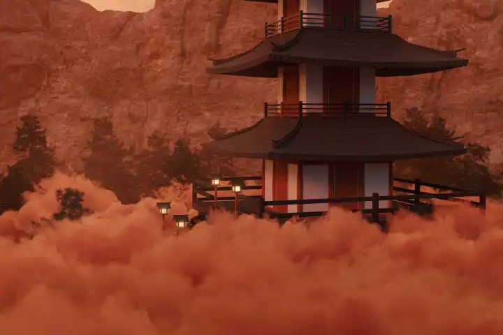 A high pagoda above a sea of clouds
