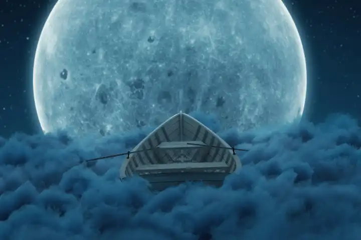 Abandoned wooden boat above fluffy night clouds. Illuminated by the big moon