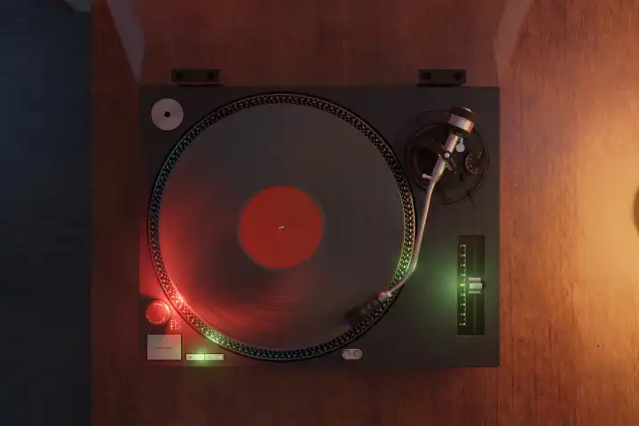 Retro turntable switched on from above