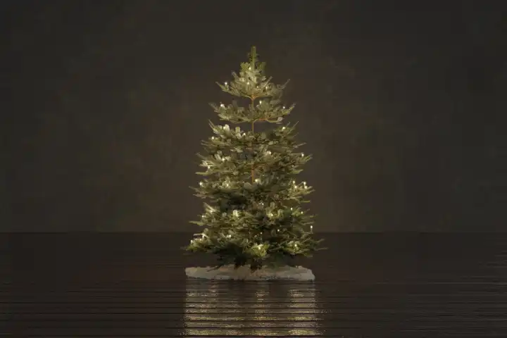 Ein mit Kerzenlicht geschmückter Weihnachtsbaum in einem braunen Raum