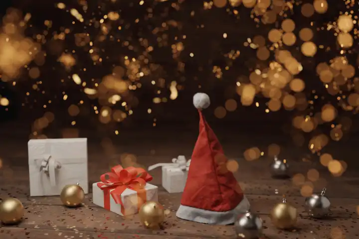 Weihnachtsmütze umgeben von Geschenken und Weihnachtskugeln. Bedeckt mit goldenen Bokeh Lichter. 3D Rendering