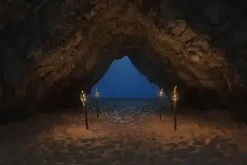 Brennende Fackeln in einer Felsenhöhle vor Meer und Sternenhimmel