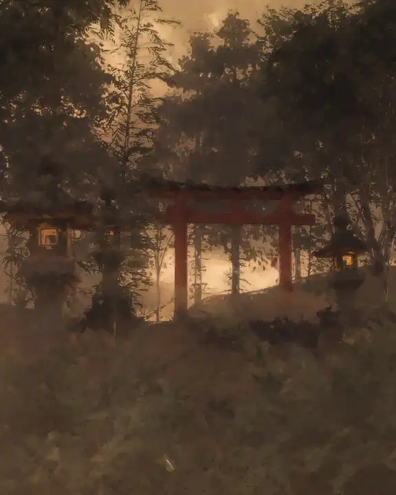 Alter japanischer Schrein mit rotem Torii und Steinlaterne im Abendlicht