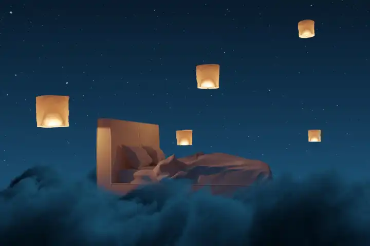Cozy bed illuminated by sky lanterns. The bed flies over fluffy clouds in the night