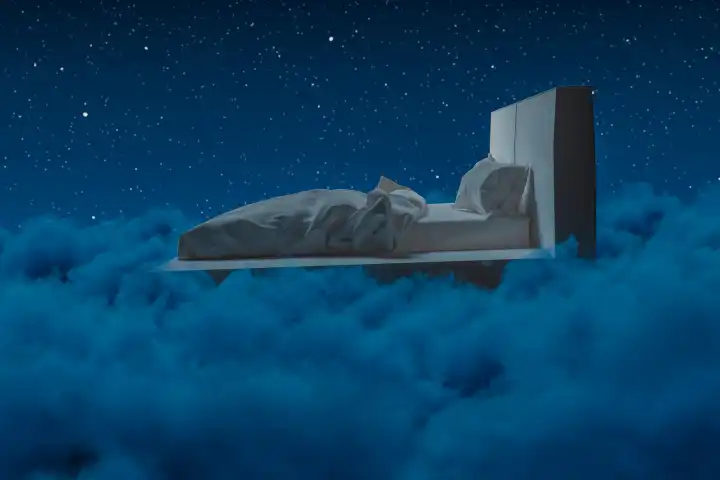 Cozy bed over fluffy clouds at night