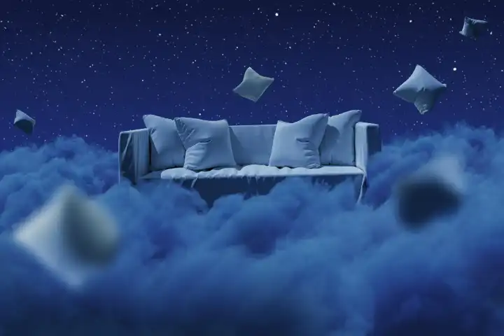 Cozy sofa with flying cushions over fluffy clouds at night