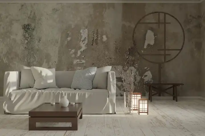 Wohnzimmer mit einem Sofa und einer Grunge-Wand im Wabi-Saby-Stil