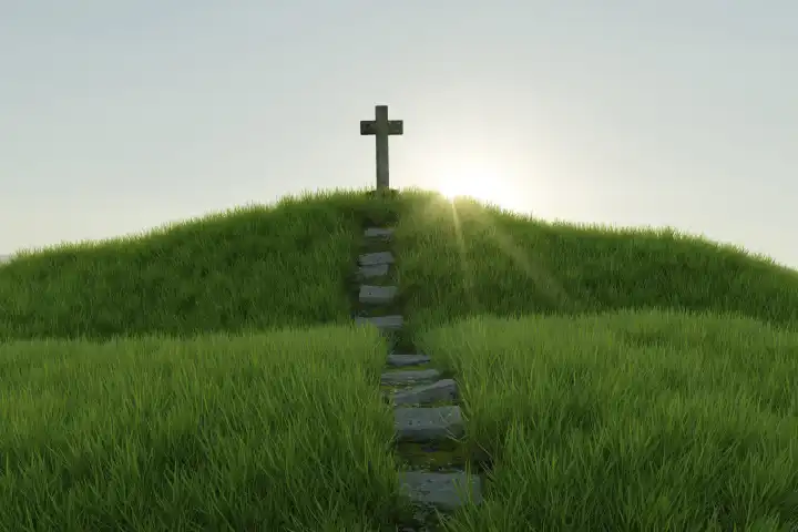 Hügelige Wiese mit Steinen belegter Pfad zu einem alten Kreuzdenkmal führend