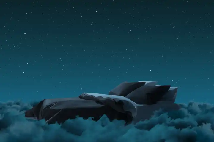 Cozy deep bed over fluffy clouds at night