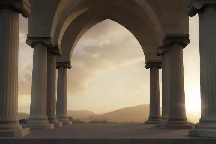 Stoa-Halle mit ionischen Säulen und Blick auf schöne Berge