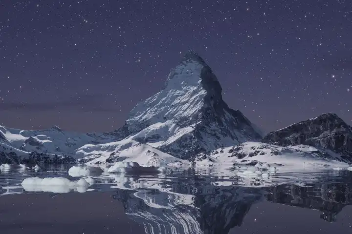 Das majestätische Matterhorn spiegelt sich in einer sternenklaren Nacht auf dem See