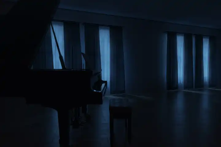 Classic bedroom apartment with piano in the moonlight
