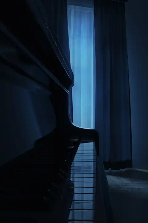 Close-up piano in front of the window in the moonlight