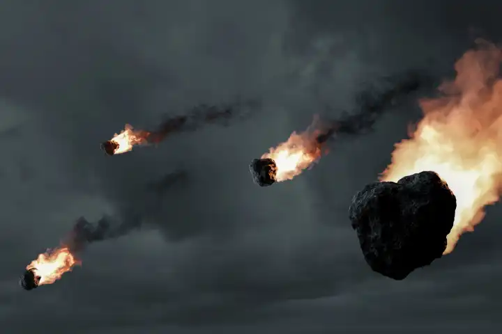 Falling meteorites against an overcast sky