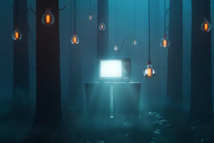 A foggy forest is illuminated by a bright television. Surrounded by hanging light bulbs
