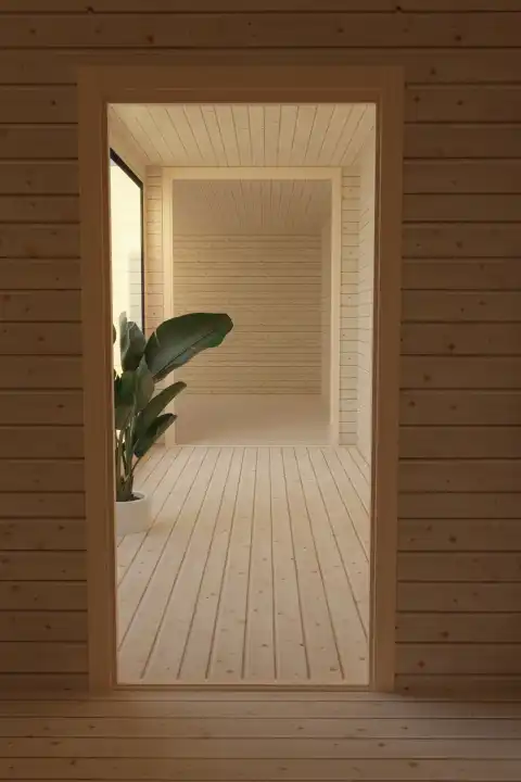 Wooden hallway with wooden floorboards and banana plant
