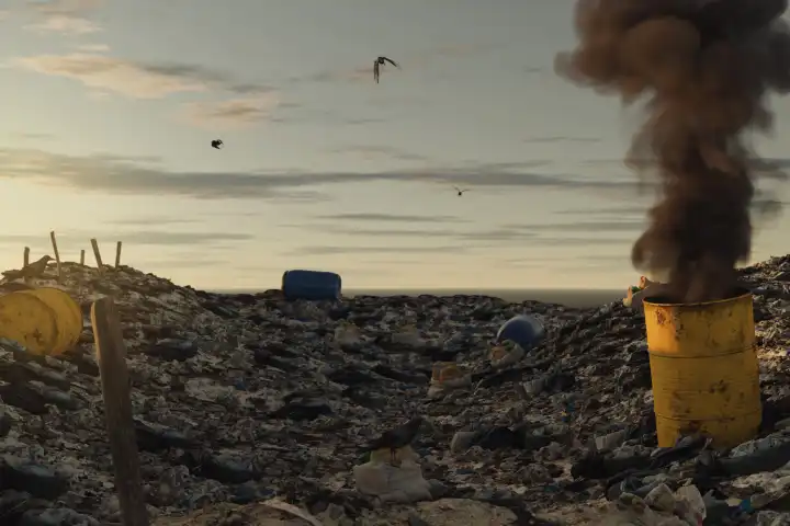 Fliegende Krähen über einem riesigen Müllhaufen auf der Suche nach Nahrung