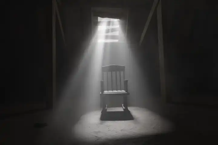 Old rocking chair in the attic, illuminated by a beam of light. Concept age and past