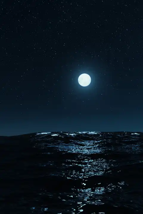 Full moon over the sea surface at night