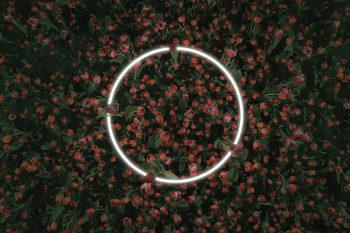Neon Kreis Form von bunten Tulpen umgeben