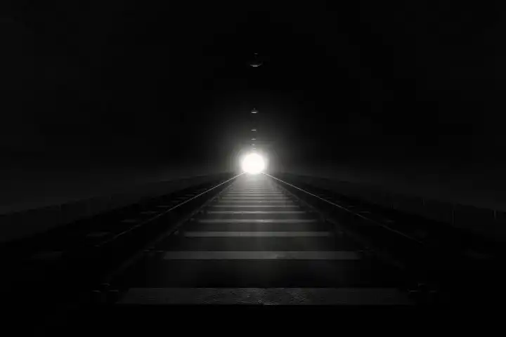 Dark train tunnel with a bright light at the end
