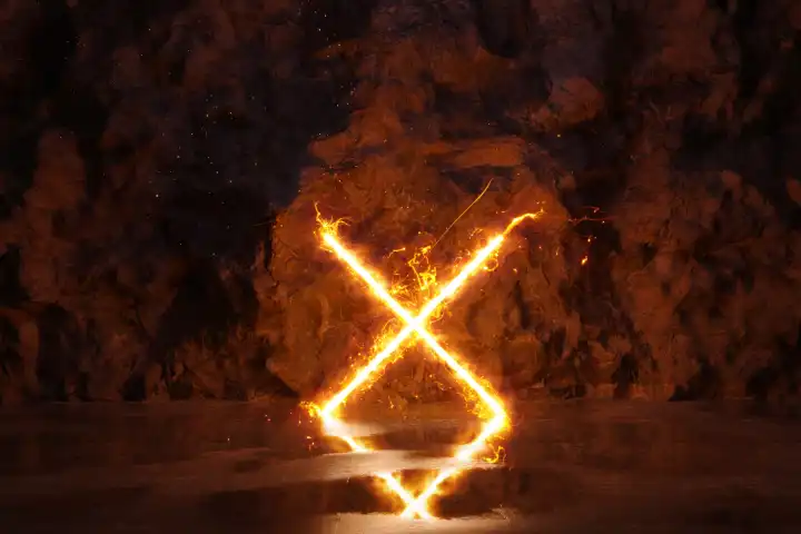 X shape on fire in front of rock face