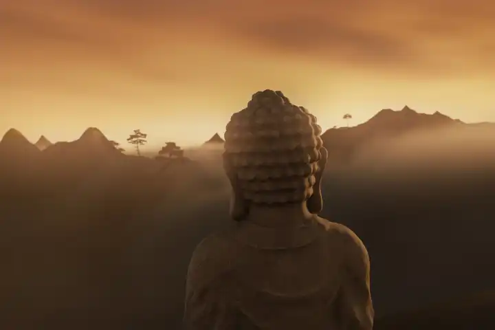 Rückseite einer Buddha-Statue vor einer nebligen Berglandschaft