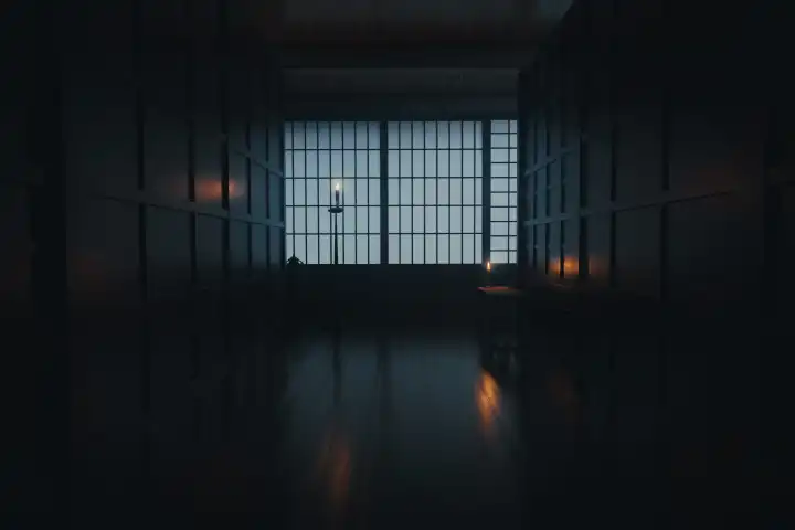 Japanese corridor with shoji sliding doors at night