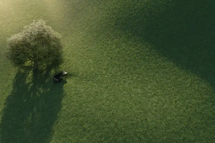Black piano on a grassy hill next to an oak tree in the evening sunlight