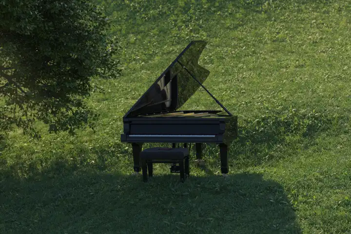 Black piano on a grassy hill