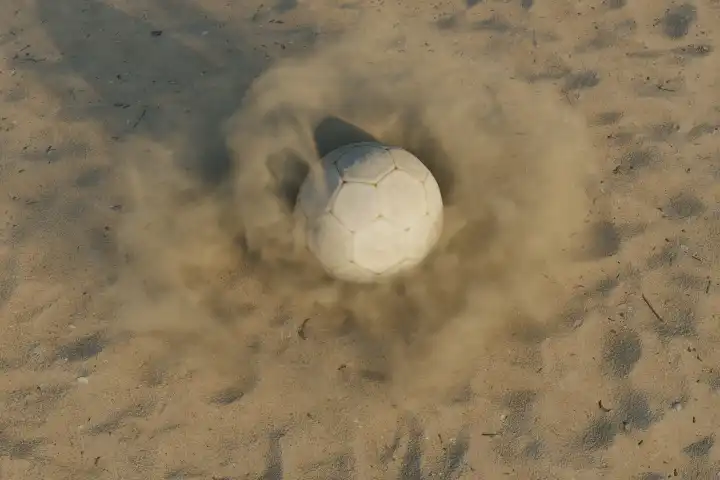 Rotierender Fußball auf einer Sandfläche wirbelt Sand auf