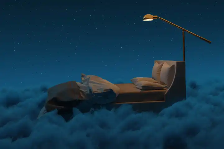 A cozy bed, illuminated by a lamp. The bed flies over fluffy clouds in the night