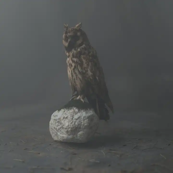 Auf einem Stein sitzende Waldohreule im Nebel eingehüllt