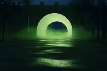 Abstract tunnels covered with green smoke