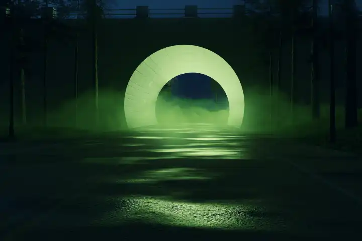 Abstract tunnels covered with green smoke