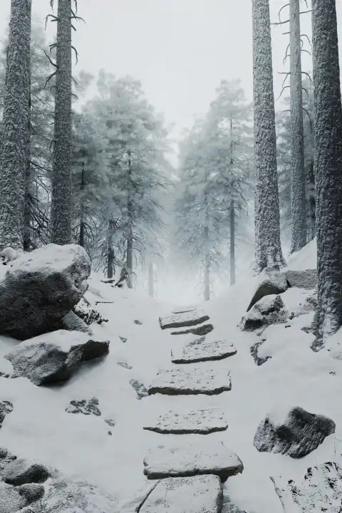 Snow-covered forest path in the morning light