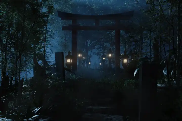 Alter japanischer Schrein mit torii und Steinlaternen bei Nacht