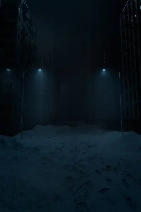 Schneebedeckten, verlassene Stadt bei Nacht