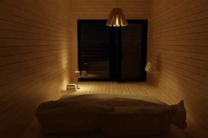 Schlafzimmer mit Holzdielen und beleuchteten Lampen bei Nacht