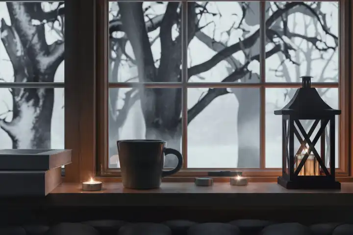 Decorated windowsill with a view of snow-covered trees