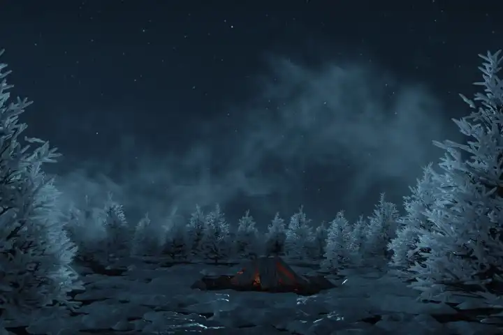 Snow-covered fir trees and snow dust at night