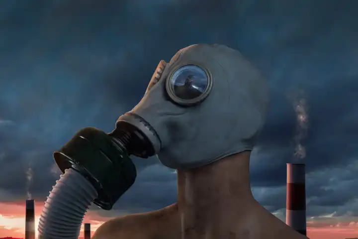 man with gas mask in front of smoking incinerator towers