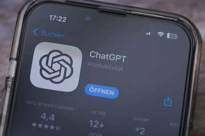 Mainz, Germany - August 02, 2023: icon of the Chat GPT AI app on a German smartphone in app store