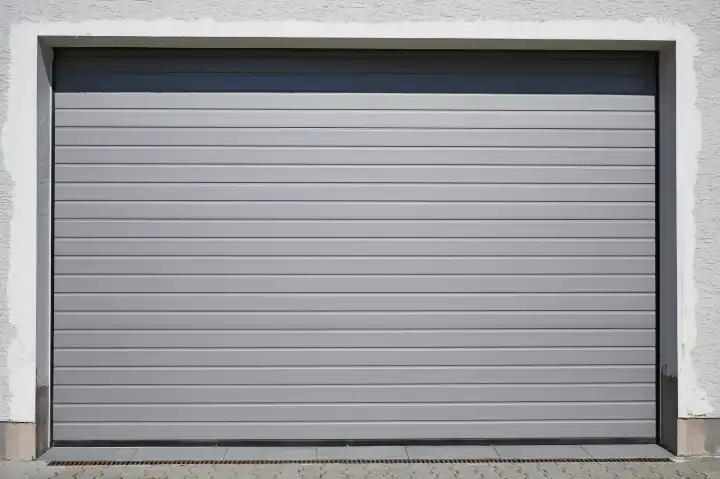 view of a gray rolling door of a warehouse