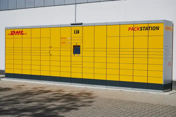 Mainz, Germany - September 24, 2023:DHL pickup location German name: Packstation, logistics company Deutsche Post DHL Group