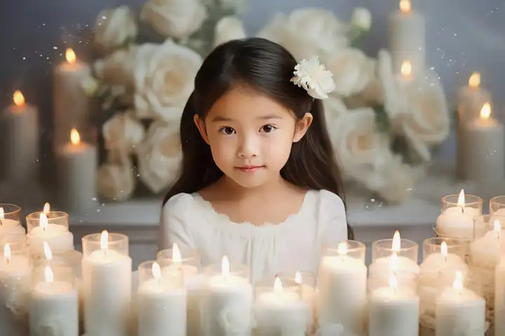 Nettes asiatisches kleines Mädchen mit weißen Kerzen, generiert mit KI