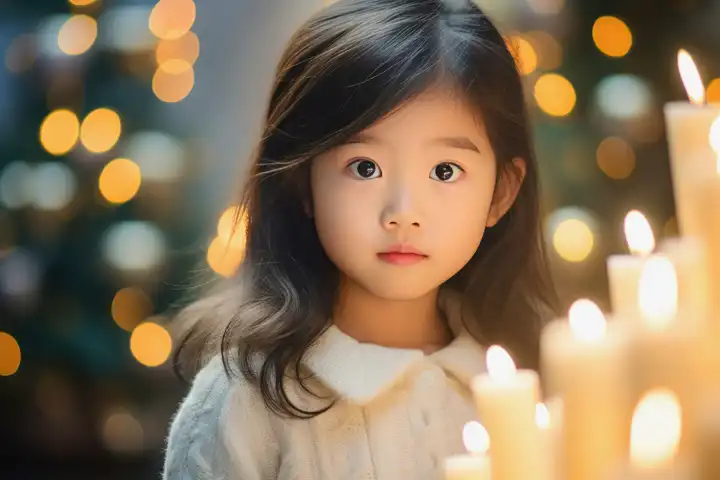 Nettes asiatisches kleines Mädchen mit Kerzen zur Weihnachtszeit, generiert mit KI