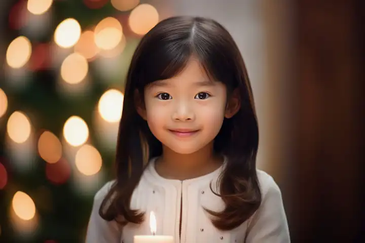 Nettes asiatisches kleines Mädchen mit einer Kerze zur Weihnachtszeit, generiert mit KI