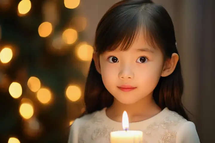 Nettes asiatisches kleines Mädchen mit einer Kerze zur Weihnachtszeit, generiert mit KI